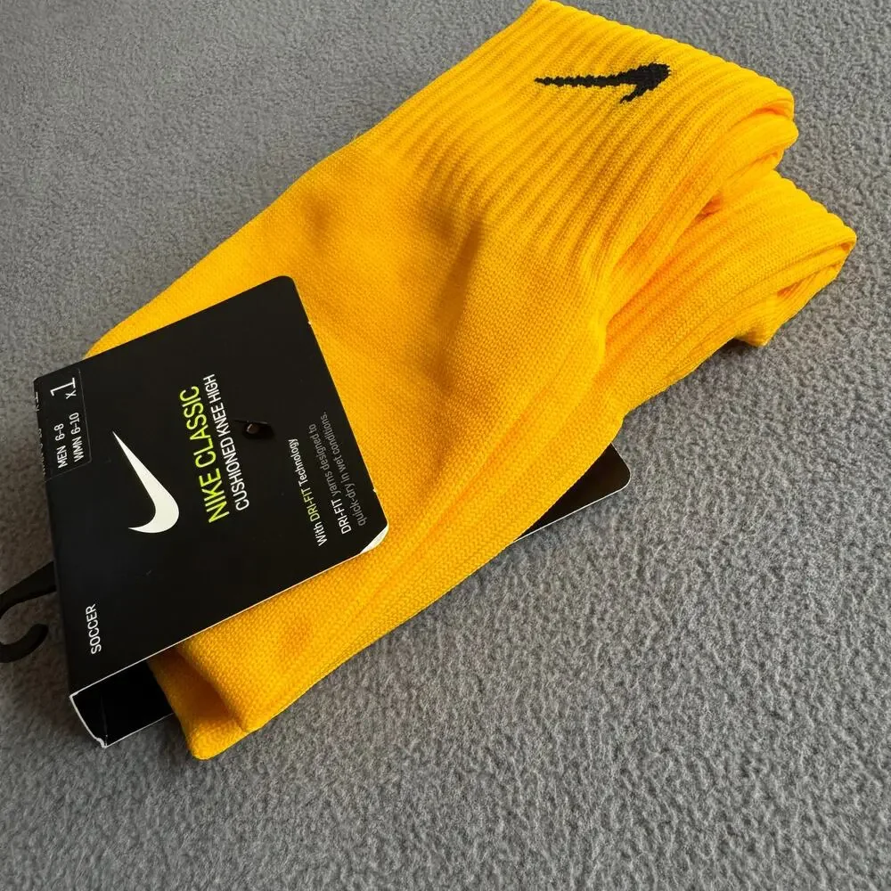 Nike Classic‎ Cushioned Knee High Soccer Sock Dri FIt Gold M 6-8 / W 6-10 Swoosh